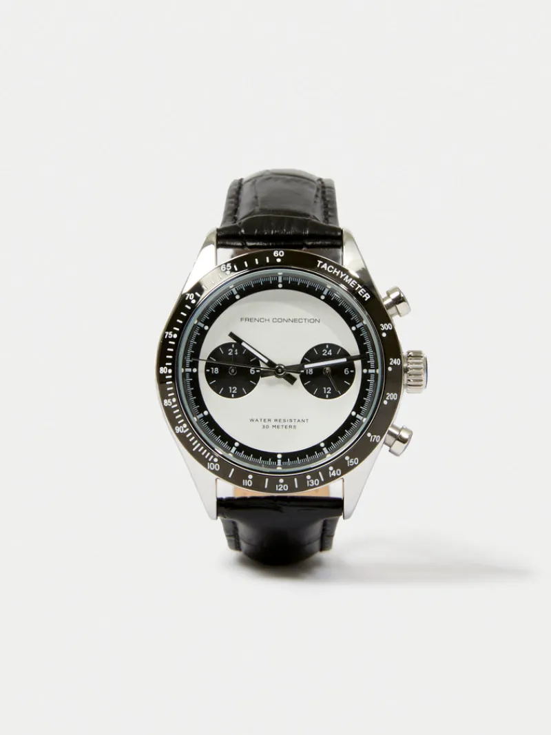 FRENCH CONNECTION Men's Watches< Leather Strap Watch with White Dial Black