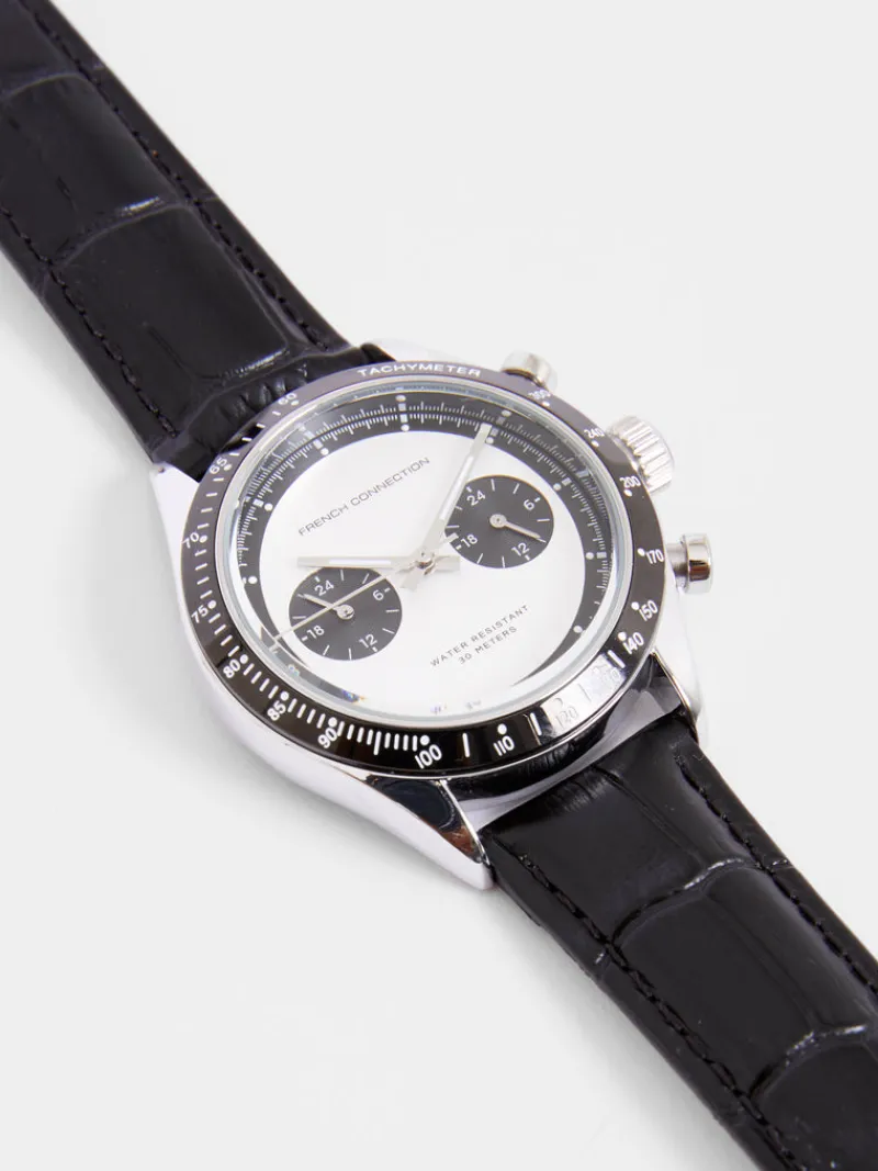 FRENCH CONNECTION Men's Watches< Leather Strap Watch with White Dial Black