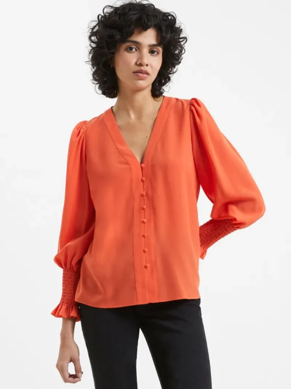 FRENCH CONNECTION Sale<Crepe V-Neck Smocked Sleeve Blouse MandarinRed