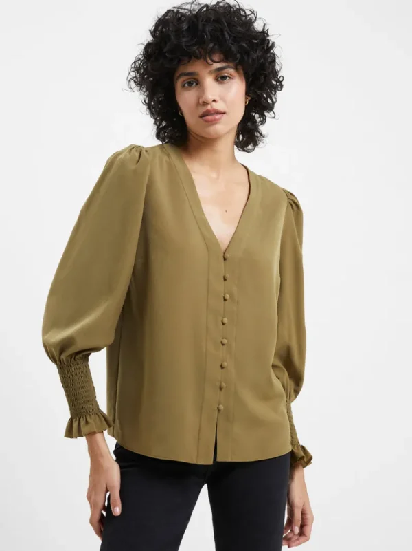 FRENCH CONNECTION Sale<Crepe V-Neck Smocked Sleeve Blouse Nutria