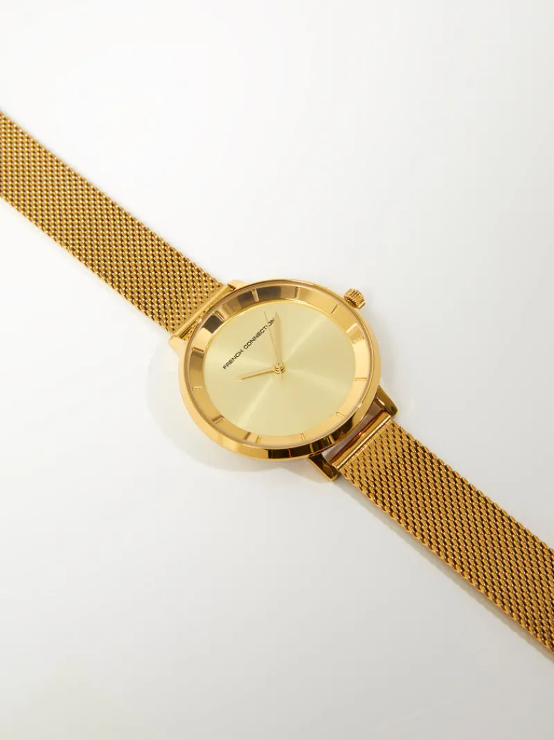 FRENCH CONNECTION Jewellery | Women's Watches< Tone Mesh Bracelet Watch with Champagne Dial Gold